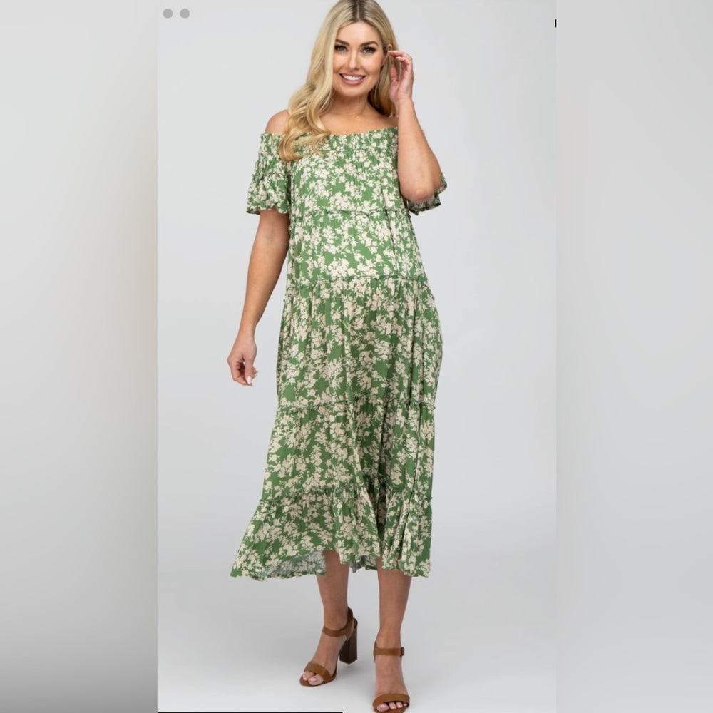PinkBlush - NWOT - Olive Colour Off the Shoulder Teared Maternity Midi Dress
